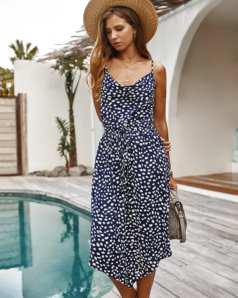 

Summer Elegant Dress Women's Long Sleeveless Polka Dot Print Suspenders Office Lady Vestidos De Mujer Casual