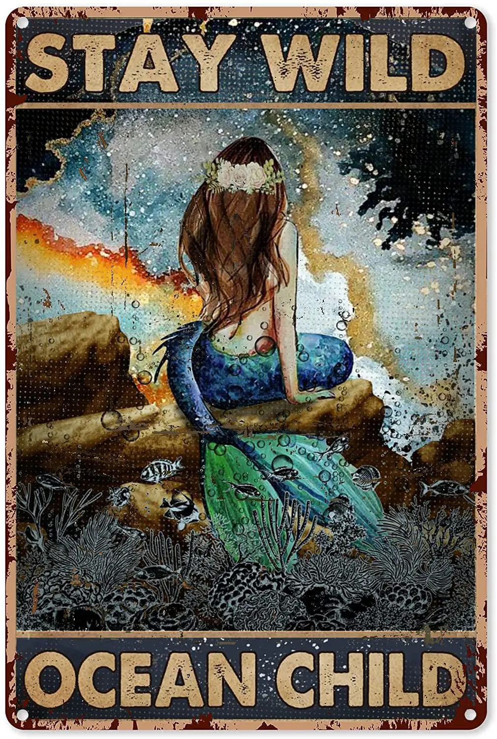 

Vintage Mermaid Blue Earth Stay Wild Ocean Child Mermaid Tin Sign Decorations Vintage Metal Poster Wall Decor Art Gift