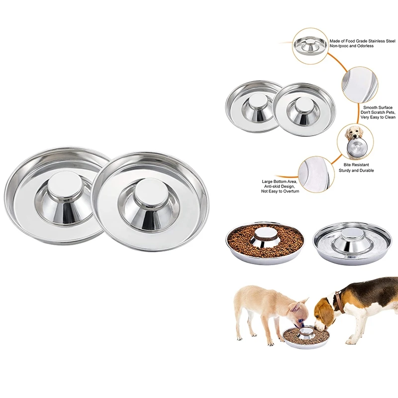 

2 Pack Silver Stainless Steel Dog Bowl Puppy Slow Feeder Bowls For Food Feeding & Water Weaning Slow Feeder