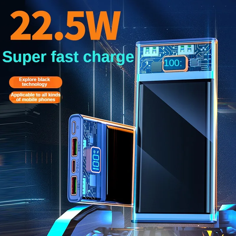 

30000mAh Transparent Fast Charging Power Bank 22.5W PD Portable External Spare Battery Pack for iPhone 14 13 Samsung S22 Xiaomi