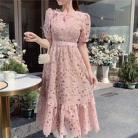 e girls new pink lace woman dress vintage o neck puff sleeve evening party long dresses woman clothing runway dress woman fall