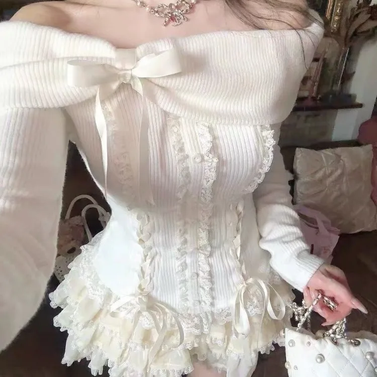 Модный вязаный пуловер с открытыми плечами и длинными рукавами милым бантом +