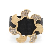 fashion leaf crystal cuff leather bracelet for women design wide charm bracelets punk female jewelry