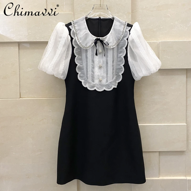 

2022 Summer Dresses New Fashion Puff Sleeve Dress Slim-Fit Elegant Doll Collar Beaded Diamond Bow Short Dress for Women