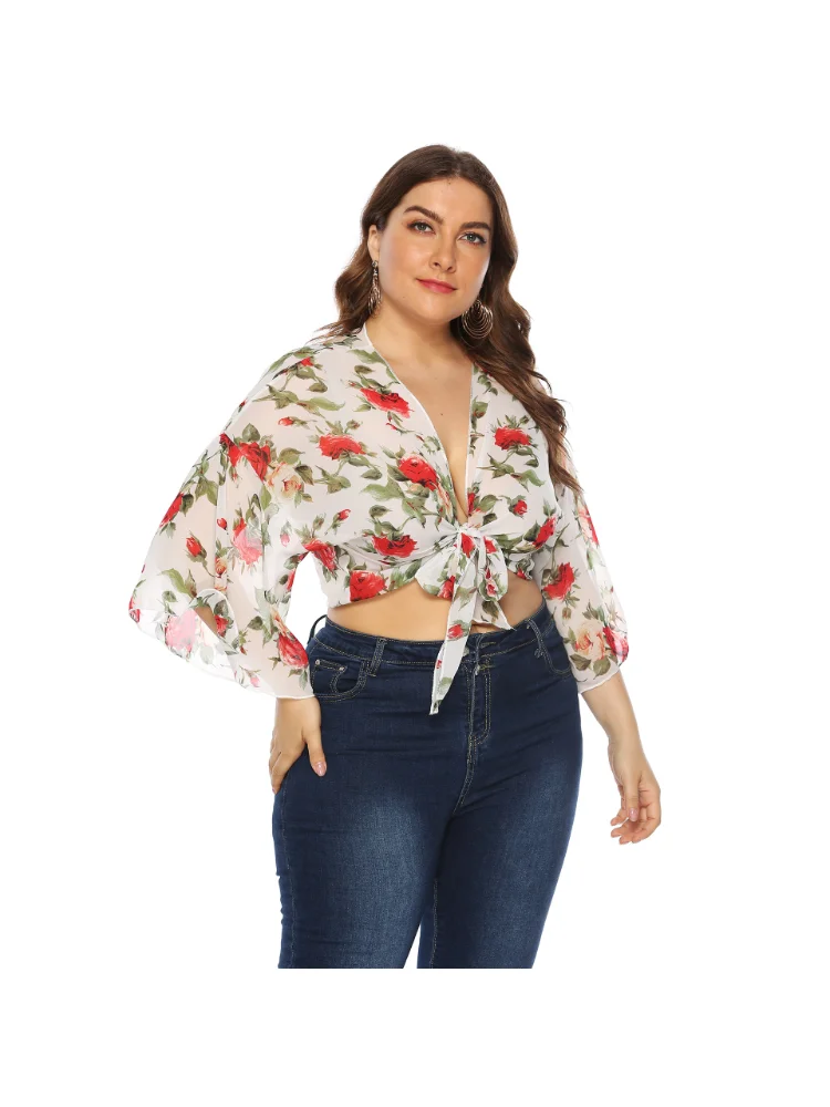 Large size women's rose flower print, bell sleeves, chiffon cardigan knotted cropped top plus size blouse