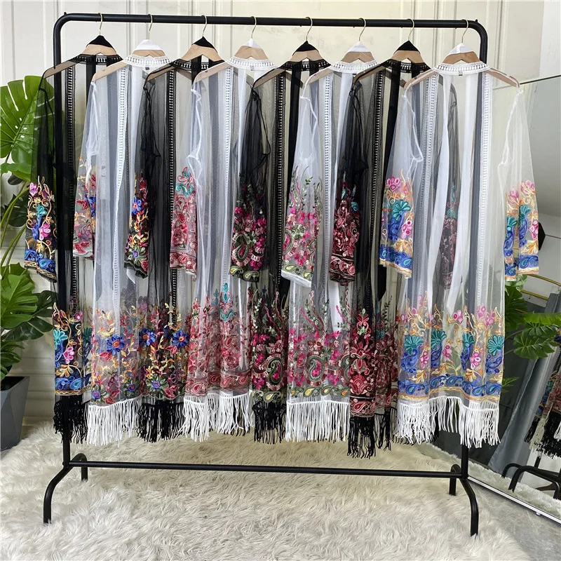 Muslim Open Abayas for Women Dubai Abaya Kimono Embroidery Mesh Cardigan Islam Modest Clothing Arabic Vetement Musulmane Femme