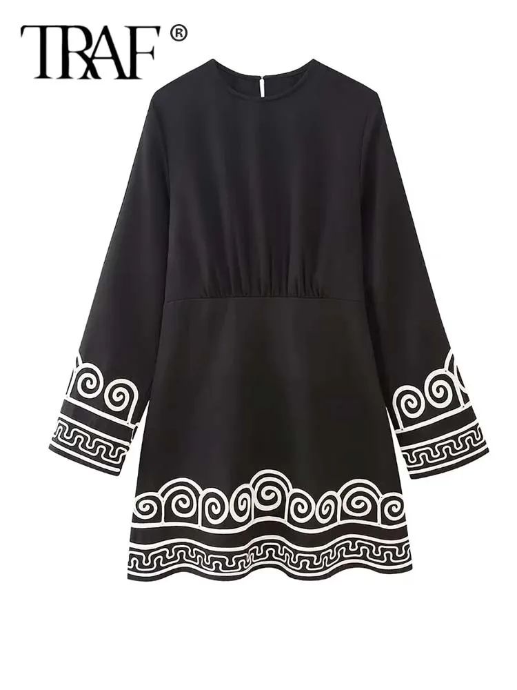 

TRAF2023 New Black Print Long Dresses For Women Vintage Loose Summer Women's Dress Casual Ruffle Maxi Dresses sexy Beach Dress