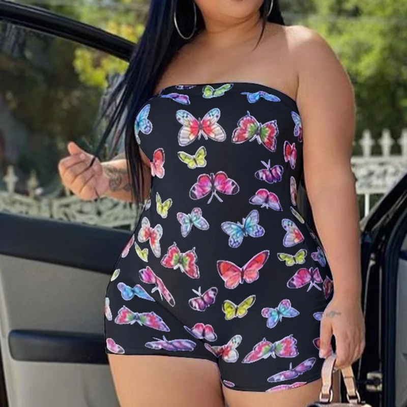 

Butterfly Animal Print Strapless Off Shoulder Playsuit Jumpsuit Sexy Clubwear Rompers Summer Party Jumpsuit Shorts