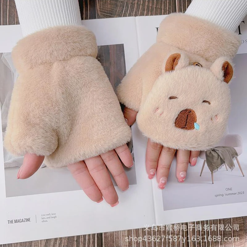 Kawaii теплые перчатки для девочек Kapibala новые милые откидные с открытым пальцем и