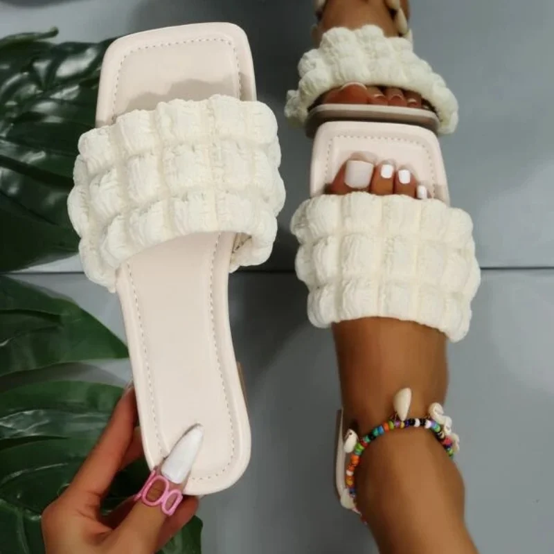 Elegant Women Minimalist Ruched Detail Flat Sandals Fashion Outdoor Polyester Single Band Open Toe Slides Sweet Summer New Shoes