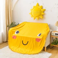 smiley print blanket soft fleece throw blanket for sofa couch bed cartoon kids yellow round plush blanket ultra soft