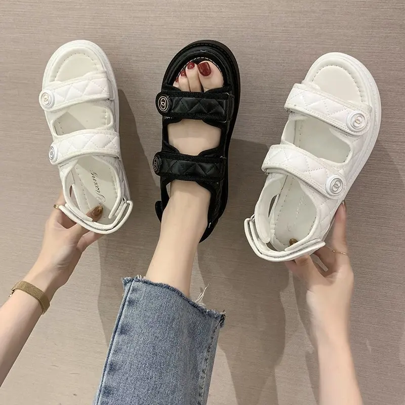 

Women Summer Sports Sandals Thick-soled Increased Plaid Roman Shoes With Casual RoundToe Comfortable Felmale Flat Sandals