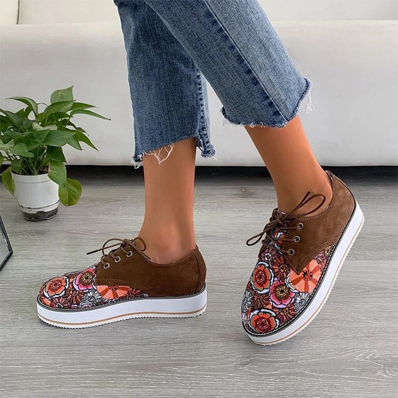

2022 Women Floral Print Lace-up Flats Female Autumn Vulcanized Fashion Platform Casual Shoes Ladies Footwear Plus Size 43
