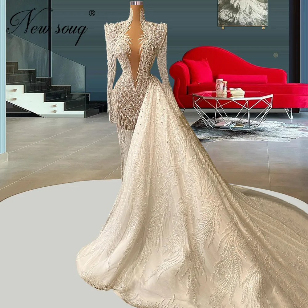 

Customized Gorgeous Long Prom Dresses 2022 Turkish Dubai Beading Crystals Sweep Train Evening Dresses Wedding Party Dress Robes