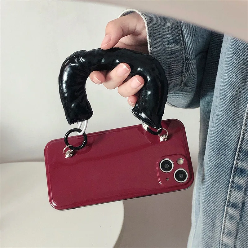 

Simple Solid Color Red Rear Cover Mobile Phone Case with Belt Wrist Strap for iPhone 13 12 11ProMax X XR XS Max for Girls