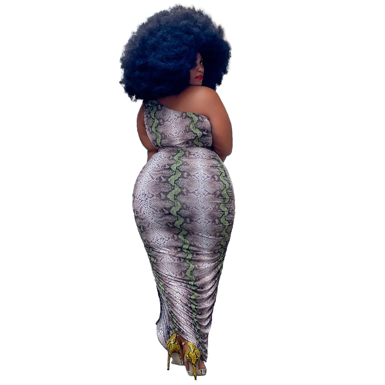 Plus Size Women's Dress Autumn/Winter 2022 New Snake Print One Shoulder Pleated Slit Sexy Dress Sexy Club Style Party Dress