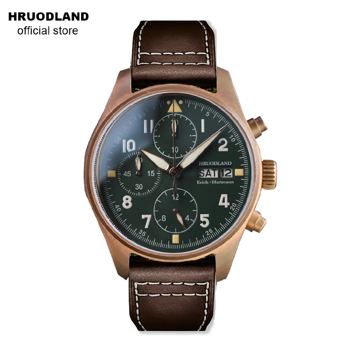 

Hruodland Solid Bronze Quartz Mens Watches Sapphire Crystal 100m Water Resistant Multifunction Chronograph Pilot Wristwatches