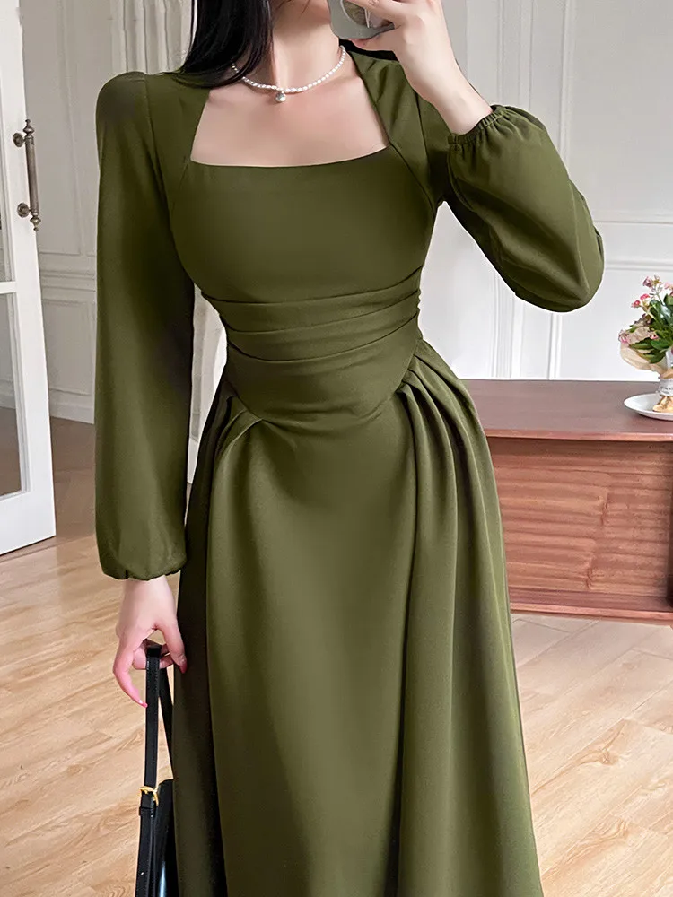 

Женское облегающее платье средней длины, Элегантное повседневное длинное платье со складками и рукавами-фонариками, осень