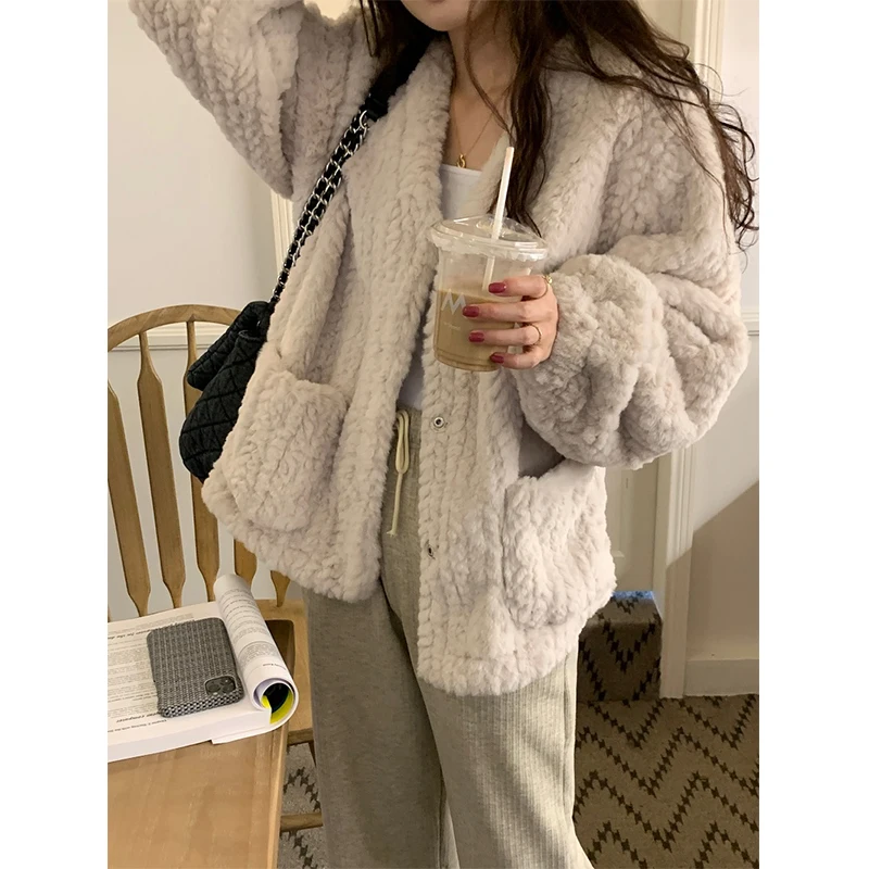 Trendy Women's Thick Warm Sherpa Jacket Loose Fashion Long Sleeve V-Neck Plush Coat Casual Versatile Solid Winter Outerwear New