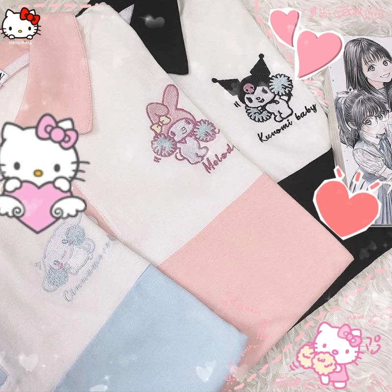 

Kuromi Short Sleeve T-Shirt Kawaii Embroidery Cartoon Cinnamoroll Suit Girl Boy Couple Student Sport Casual Homewear Gifts