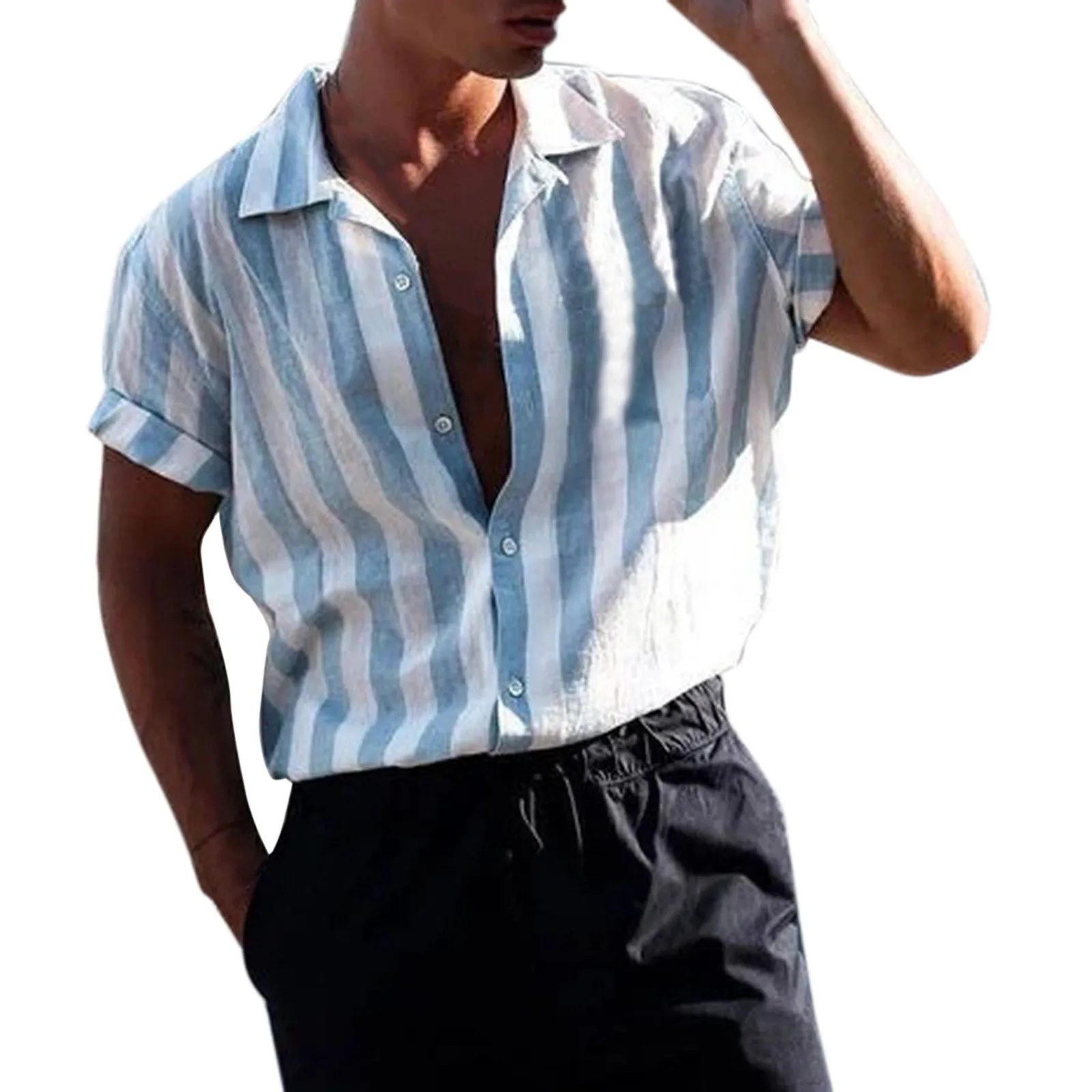 

Men's Shirt Short Sleeve Stripe Shirts Male Tops Casual Loose Male Clothing Turn-down Collar Blouse Business Blue Shirt Chemises