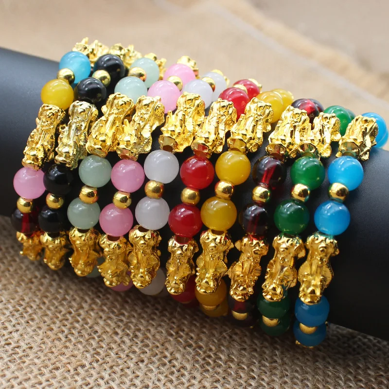 

Feng Shui Natural Stone Crystal Beads Bracelet Men Women Unisex Wristband Gold Color Pixiu Wealth and Good Luck Amulet Bracelets