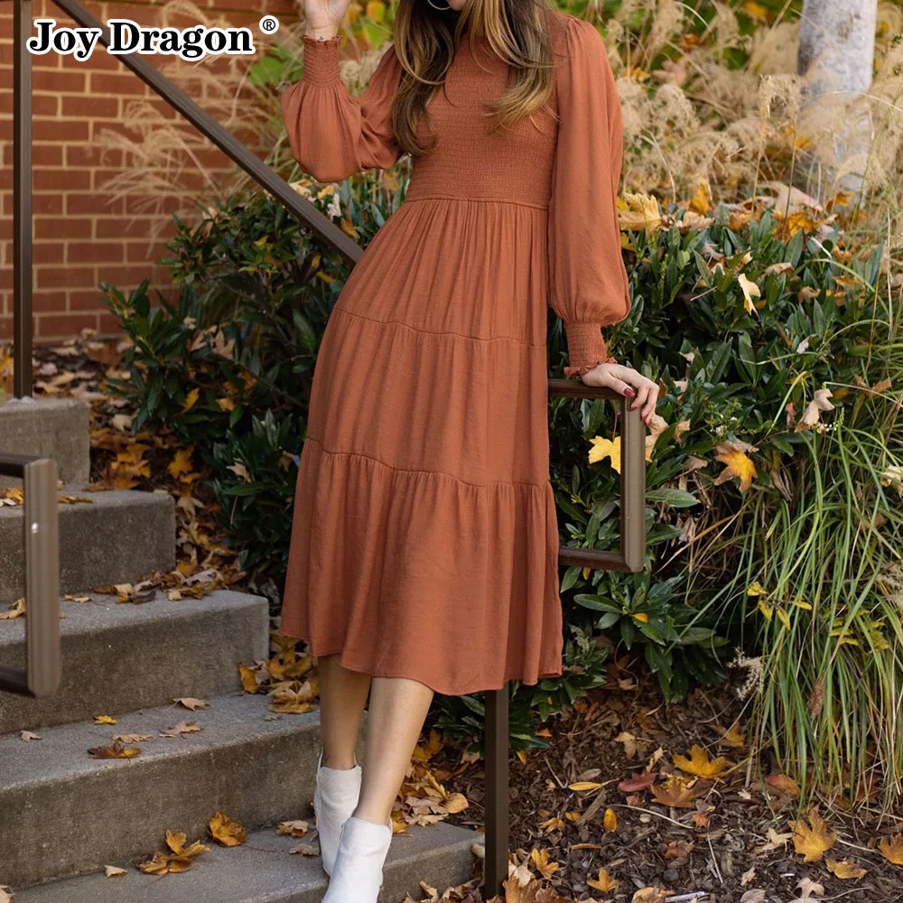 Купи 2022 Autumn and Winter New Women Retro Round Neck Lantern Long Sleeve New Dress Casual Basic Midi Ladies Clothing Slim Black за 1,428 рублей в магазине AliExpress