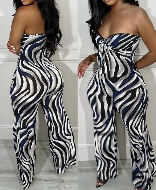 

Zebra Stripe Print Tied Detail Jumpsuit for Sexy Ladies Summer 2023 Casual Fashion New Sleeveless Chic Bandeau Long Jumpsuits