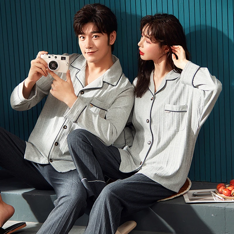 QUHENG Women's Pajamas Set Autumn Winter Long Sleeved Trousers Print Sleepwear Cotton Couple Home Clothes Nightwear for Men