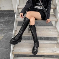 new chunky platform heels pu leather knee high boots women retro punk long boots woman lace up booties mujer new fall