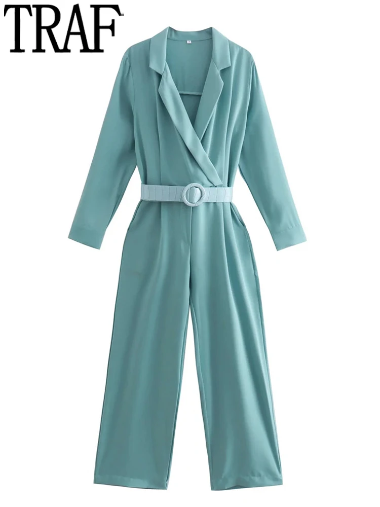 

TRAF Belted Long Jumpsuit Woman Office Wear Elegant Female Jumpsuit Green Long Sleeve Jumpsuit Women 2022 Rompers Playsuit