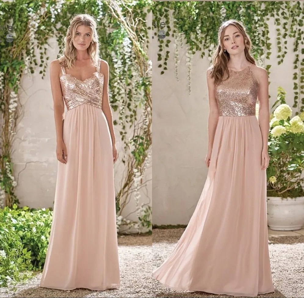 

Elegant Rose Gold A Line Chiffon Bridesmaid Dresses Long Spaghetti Straps Sequin Top Maid of Honor Gowns Prom Party Gowns