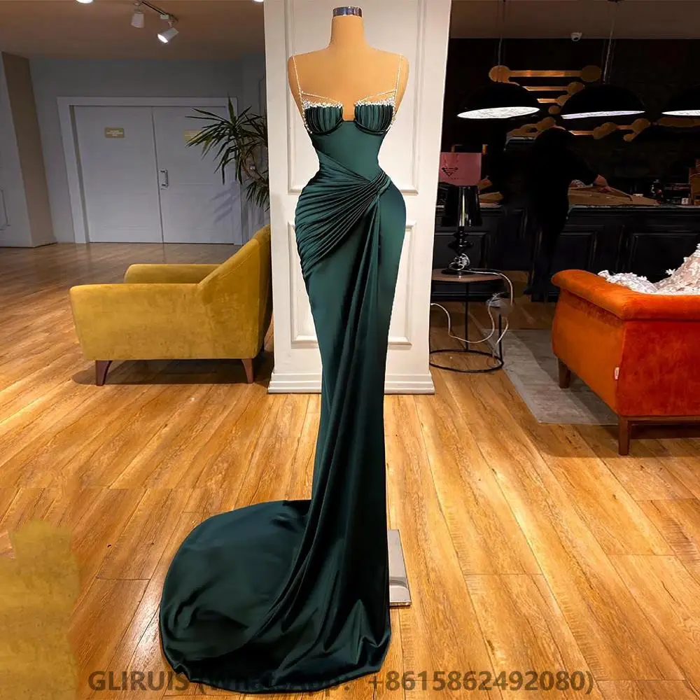 

Dark Green Mermaid Evening Dress Beading Spaghetti Straps Pleat Ruched Sweep Train Pageant Gown Formal Party Dresses