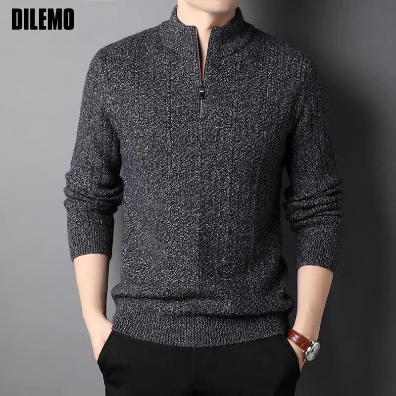 

Модный брендовый дизайнерский однотонный пуловер высшего класса с молнией на четверть, вязаная водолазка, уличная одежда, свитер, повседне...