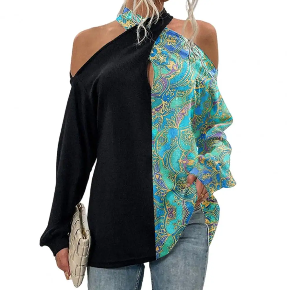 

Autumn Retro Print Halter Pullover Top Front Hollow Long Sleeve Women Blouse Streetwear