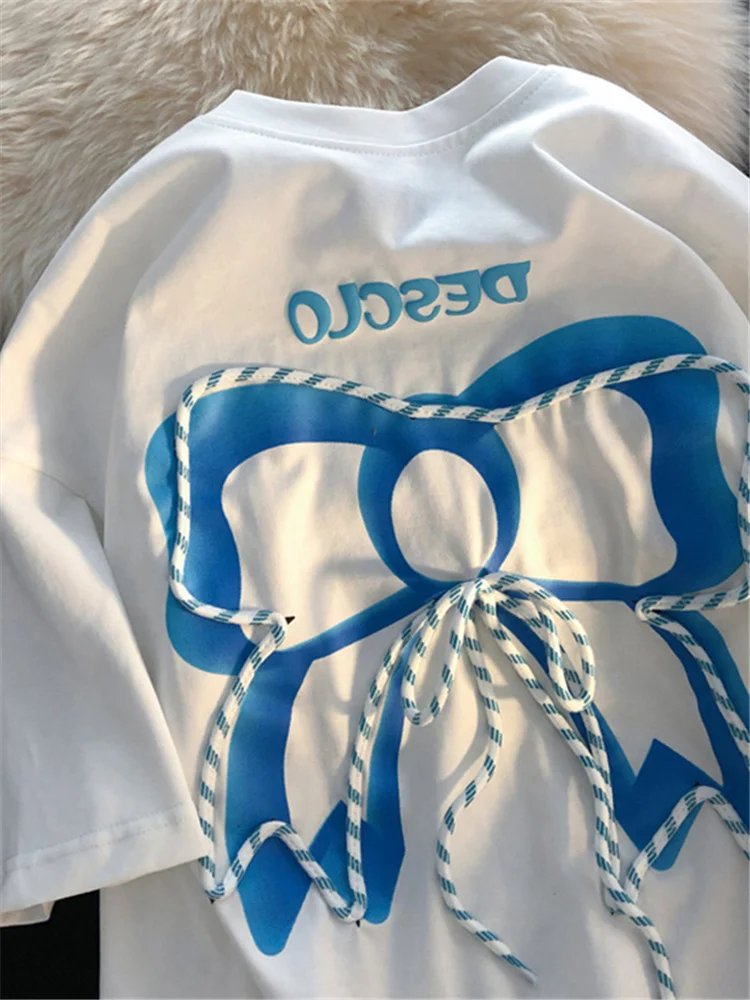 

H.SA 2022 Summer Bow Rope Designer Tshirts Tops New Short Sleeve T-Shirt Women's Printing Kawaii Streetwear Cotton Hiphop Top