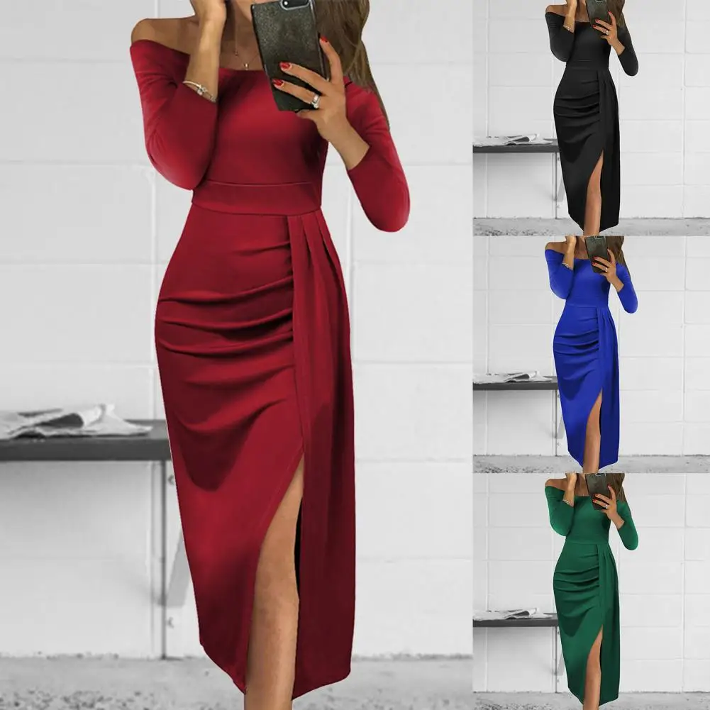 

Women Prom Dress Off Shoulder Solid Color Split Long Sleeves High Waist Dress-up Soft Evening Party Banquet Dress Women Garment