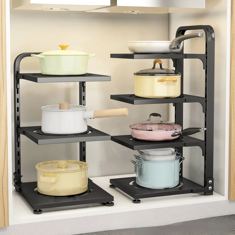 

Kitchen Organizer Pot And Pot 2/3/4 Organizer For Tiers Rack Layer Holder Pot Non-slip Multi-layer Adjustable Shelf Cabinet Pan