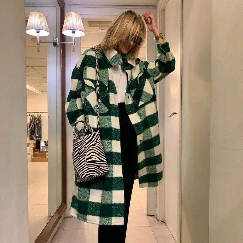 

New Autumn and Winter Women's Oversized Jacket Long Checkered 2021 Fashion Casual Fashion Chic Women's Jacket Long Windbreaker