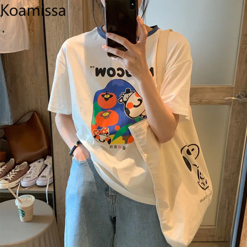 

Koamissa Casual Loose Women Tshirt Short Sleeves O Neck Tops High Waist Midi Jeans Pant Summer Suit Korean Outfits Students Set