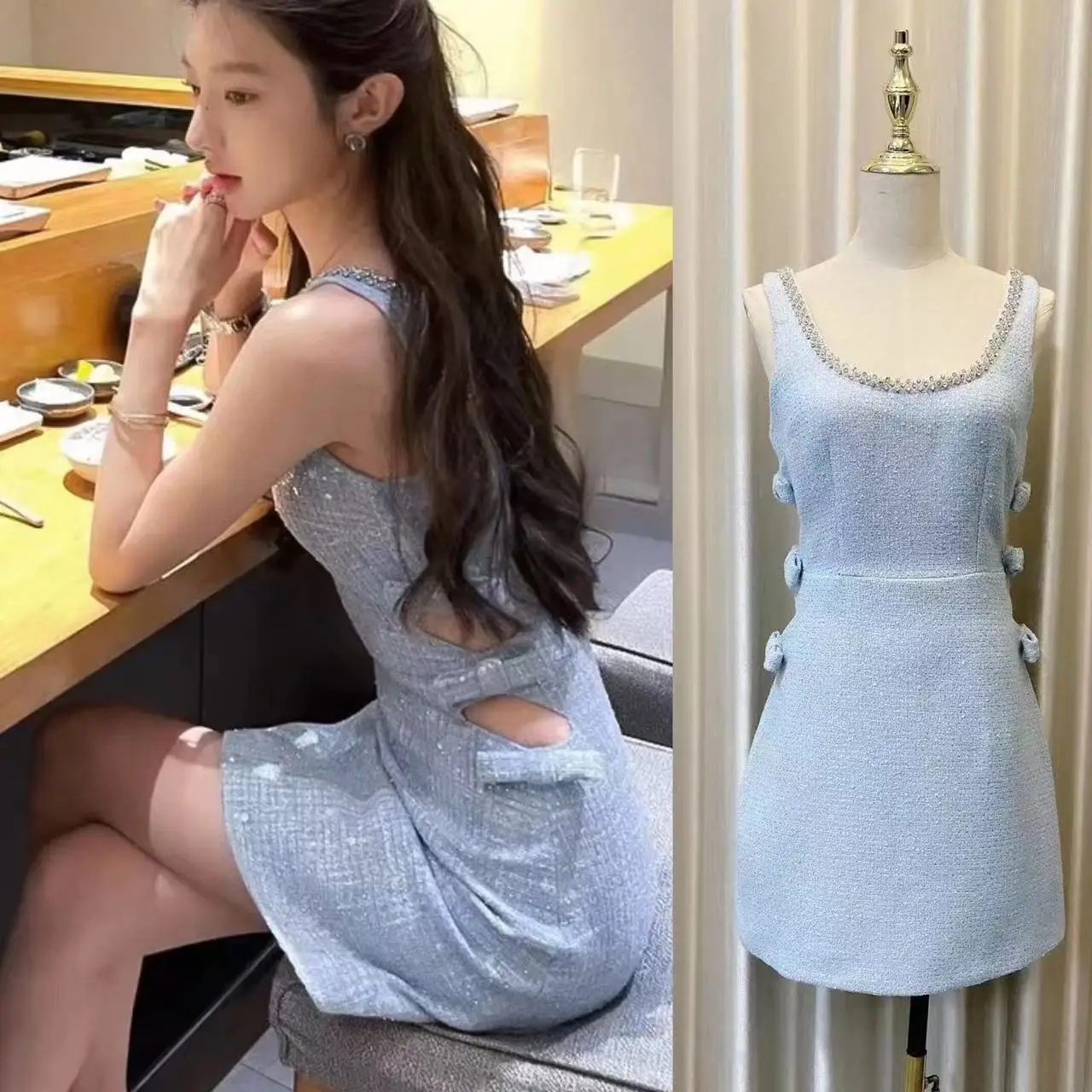 Женское твидовое платье средней длины голубое ажурное без рукавов с U-образным