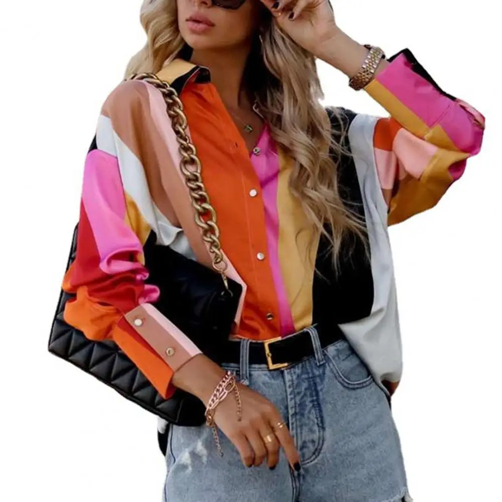 

Женская рубашка на весну и осень, свободная блузка в офисном стиле с цветным принтом и отложным воротником, длинными рукавами-фонариками и пуговицами, 2023