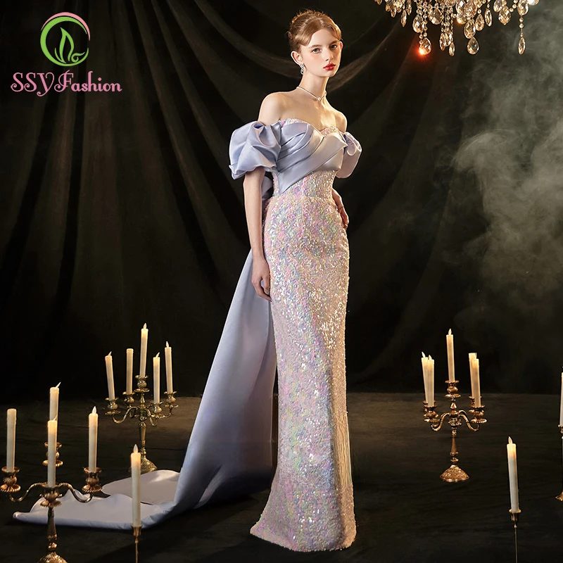 

SSYFashion Luxury Lavender Mermaid Evening Dress for Women Sequins Glittering Fishtial Prom Formal Party Gowns Vestido De Festa
