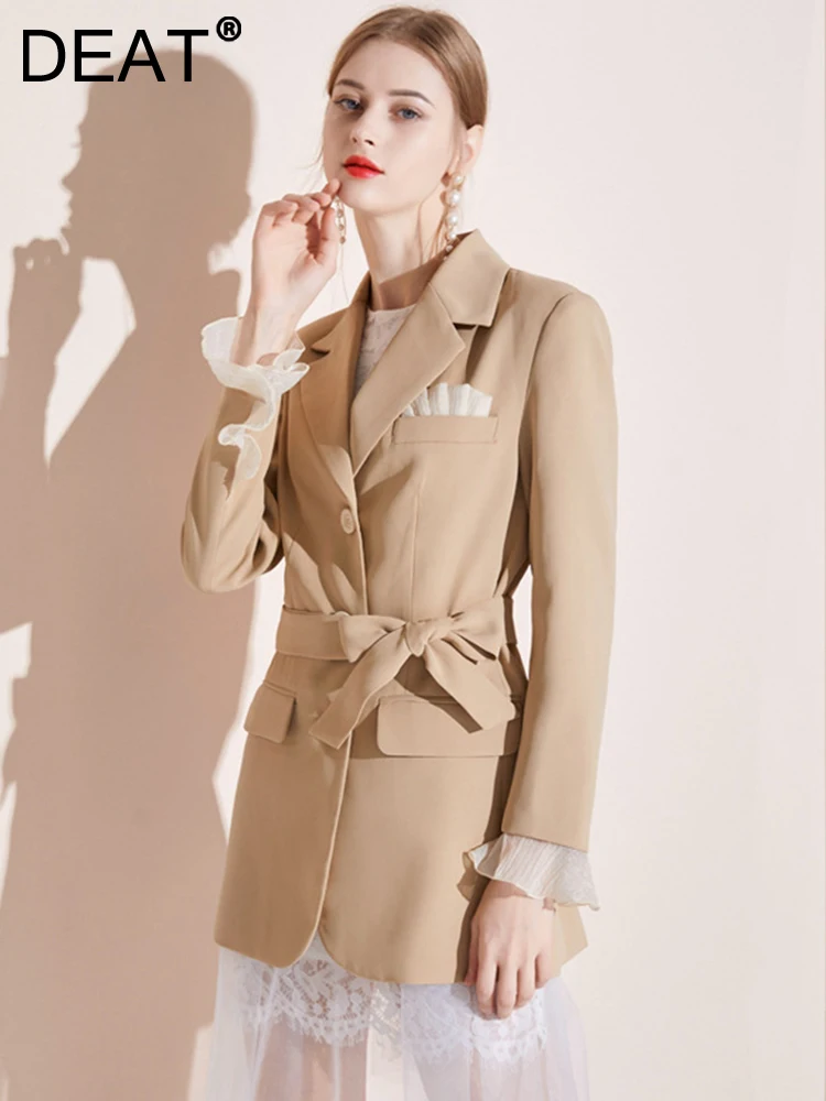 

DEAT Fashion Women Blazer Notched Long Sleeves Spliced Lace Single Breasted Lace-up Waist Suit Jackets Autumn 2023 New 17A9623
