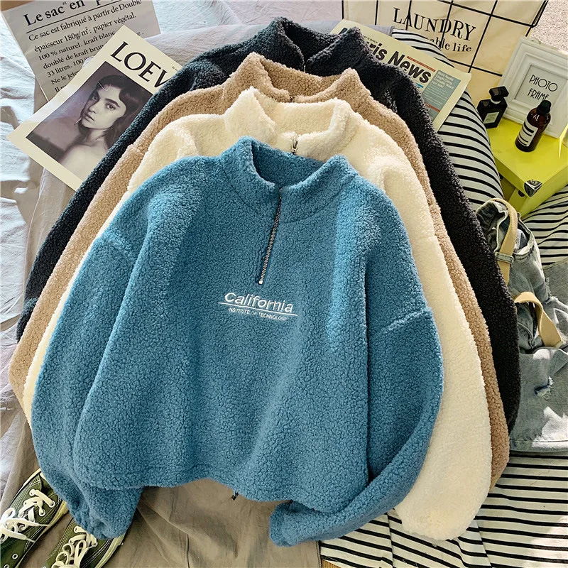 

Women's Hoddies Short Korean Tops Woman Autumn Winter Fleece Sweatshirt Half-Turtleneck Causal Thicken Lamb Hair Sweatshirts
