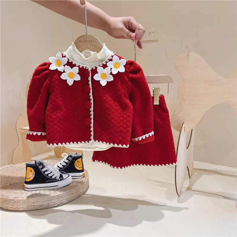 

Осенняя одежда для маленьких девочек, красный, розовый, корейская детская одежда, костюм для девочек, юбка, комплекты одежды для девочек, ком...