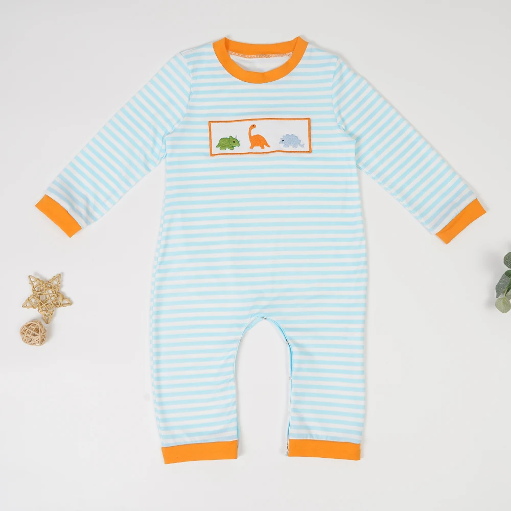 

High Qaulity Pure Cotton Jumpsuits Sky Blue Stripe Cartoon Animal Embroidered Pajamas Lovely Round Neck Rompers For0-3T Baby Boy