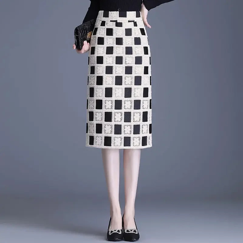 Женская длинная юбка в клетку универсальная клетчатая с высокой талией и