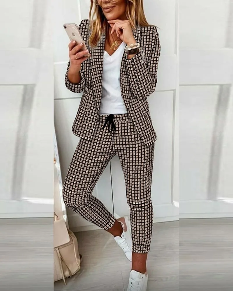 

Женский офисный комплект из блейзера и брюк, клетчатый пиджак с принтом и брюки на завязках, Дизайнерский Жакет и брюки с карманами, осень 2021