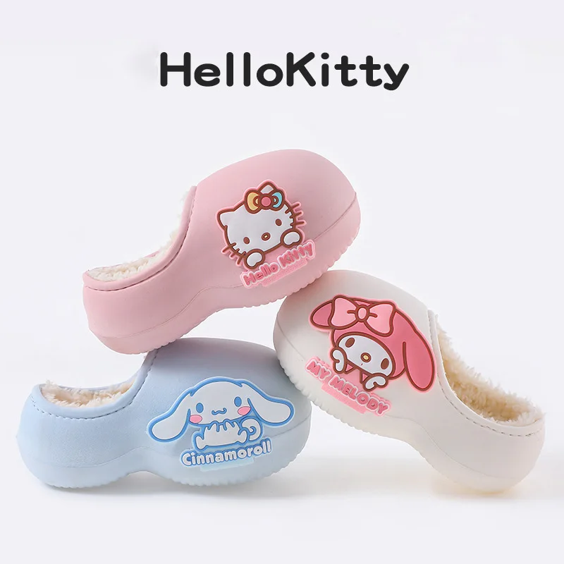 

Hello Kitty Winter Children's Cotton Slippers Girls Kawaii Slippers Kuromi Cartoon Non-Slip Keep Warm Cotton Shoes Gifts